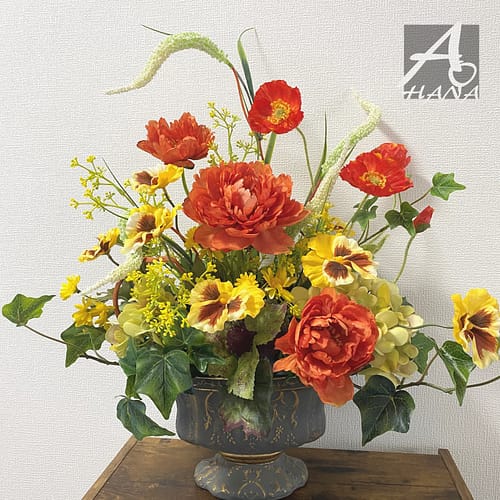 ダリアとパンジーの造花アレンジメント|造花専門店AOHANA